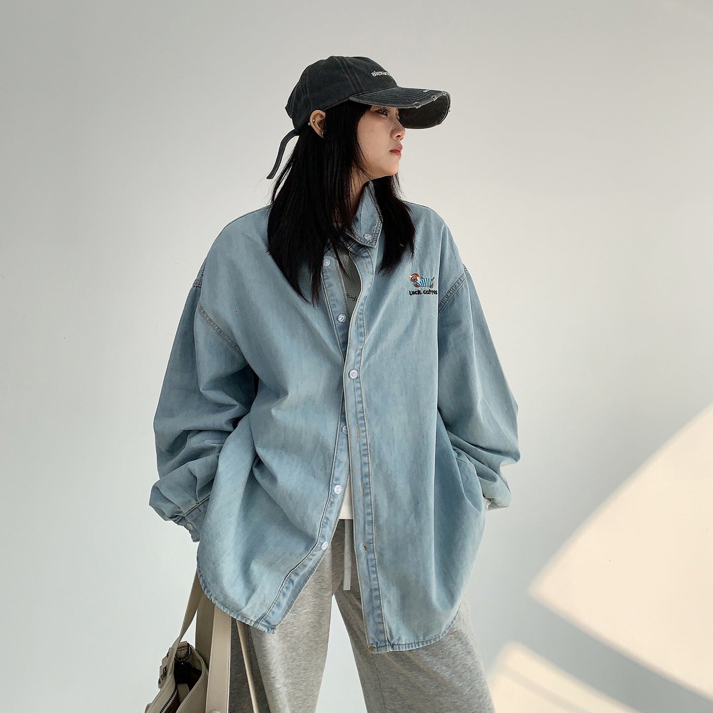 【トップス】春秋 シンプル カートゥーン刺繍 デニム 長袖 シャツ【FCシリーズ】