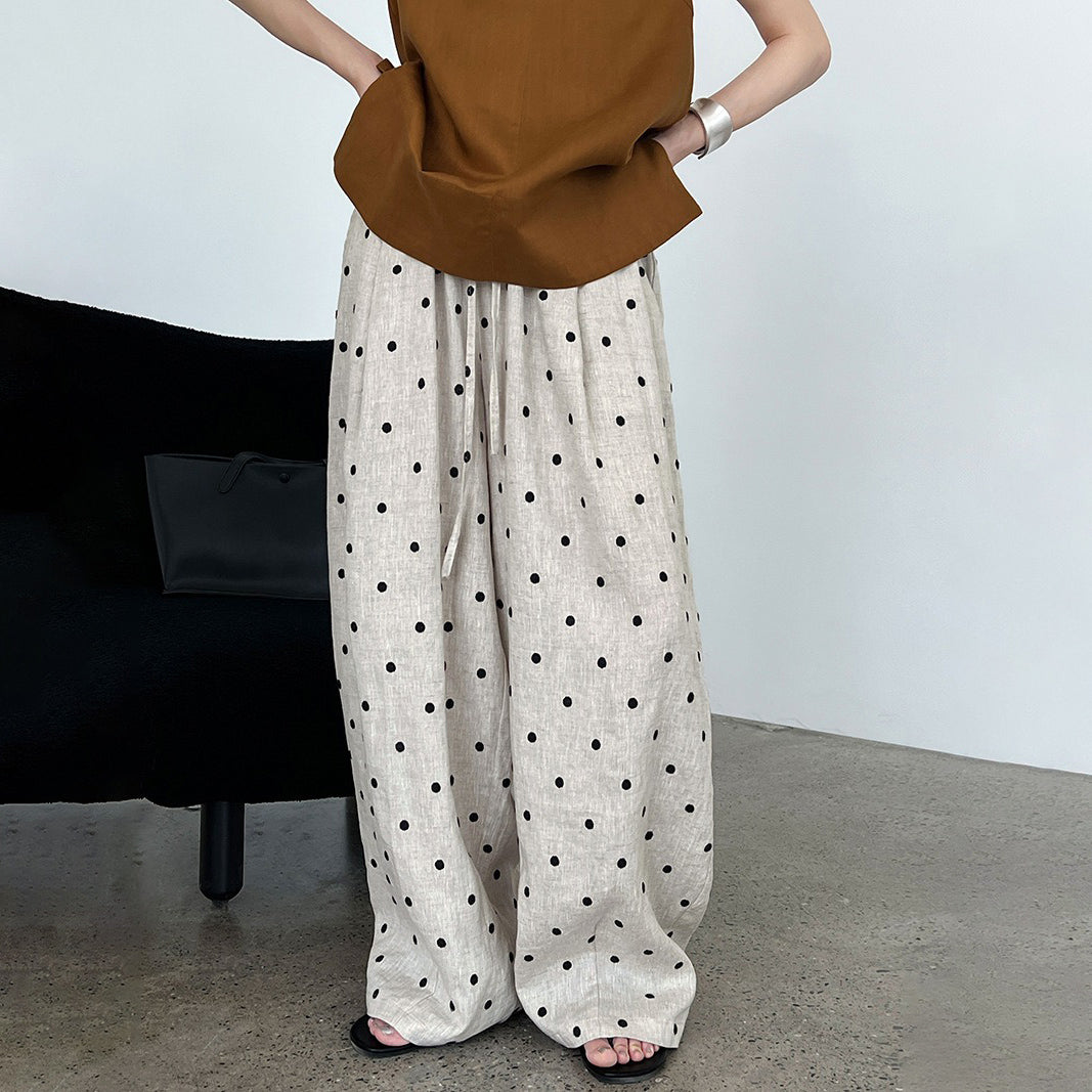 【ボトムス】夏新作 ドット刺繍入り ウエストゴム 薄手カジュアルパンツ 高級感ディテール【JZシリーズ】