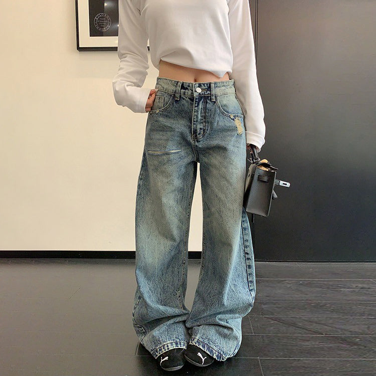 【ボトムス】ヴィンテージ加工 ダメージ 直筒 ワイドレッグ ジーンズ レディース パンツ【FCシリーズ】