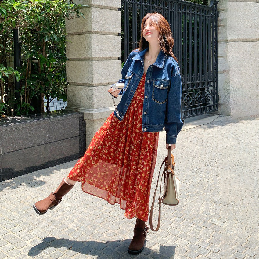 【セットアップ 】超可愛い レトロデニムジャケット＋花柄キャミワンピース レディース おしゃれ 人気ノースリーブワンピース【SHシリーズ】