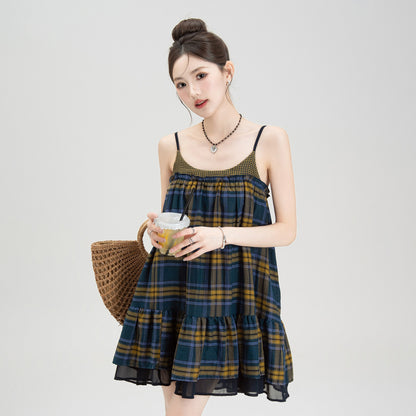 【ワンピース】夏新作 レトロ チェック柄 ノースリーブ ミニワンピース 【SHシリーズ】