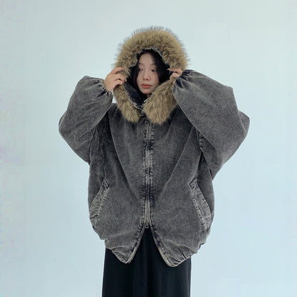 【アウター】春 秋 冬 ウォッシュド コーデュロイ 厚手 フード付き ファーフード 中綿 ジャケット 【FCシリーズ】