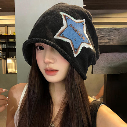 【グッズ】アメリカンレトロ ⭐星柄 ニットキャップ 秋冬 大きめサイズ 小顔効果 レディース ハット