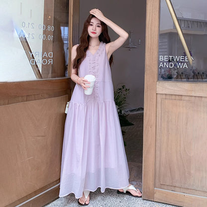 【ワンピース】フレンチ風ワンピース レディース ノースリーブ パープル フリル裾 ロング丈 マキシ丈 夏【JZシリーズ】