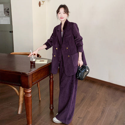 2点セット！【セットアップ】ライトラグジュアリー コーデュロイ 上下セット 2026春新作 ダブルブレスト ジャケット＆ワイドパンツ レディース【JZシリーズ】