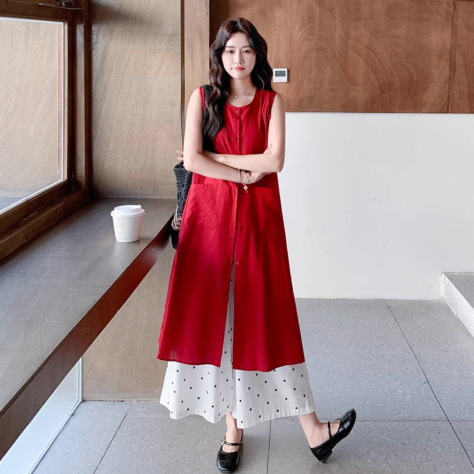 2点セット!【セットアップ】赤ノースリーブロングジレワンピース＋ドットワイドパンツ 上下セットアップ 夏コーデ【JZシリーズ】