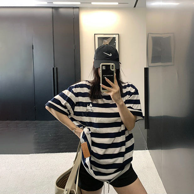 【トップス】ストライプ Tシャツ レディース 夏 半袖 カートゥーン ゆったり オーバーサイズ クルーネック 人気 リラックスコーデ【FCシリーズ】