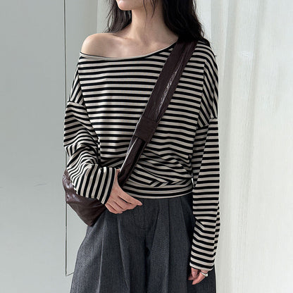 【トップス】韓国風ボーダー柄ワンショルダートップス｜斜めオフショル×ゆるシルエットで抜け感＆細見え【JZシリーズ】