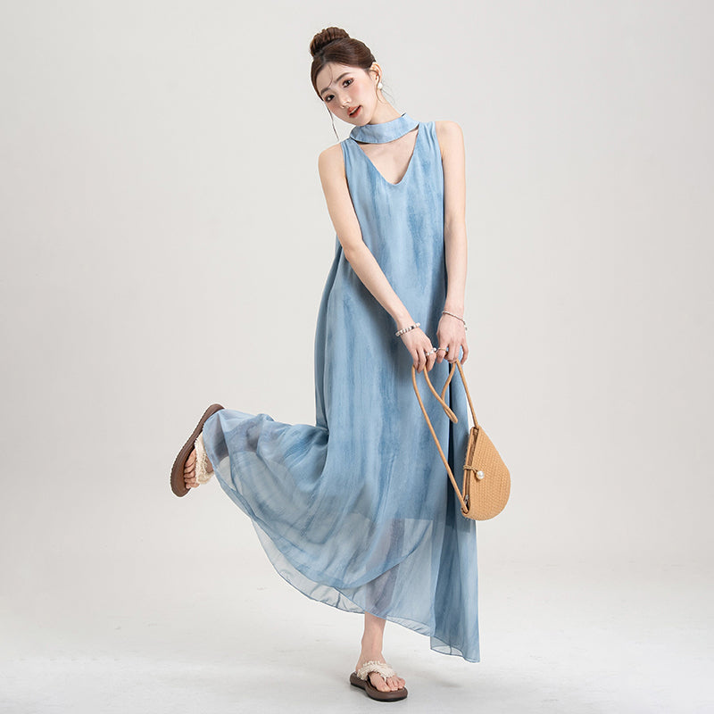 【ワンピース】セーヌ風 ブルーグラデーション ホルターネック シアーワンピース レディース 夏 ノースリーブ ロングドレス リゾートコーデ 大人可愛い 上品【SHシリーズ】