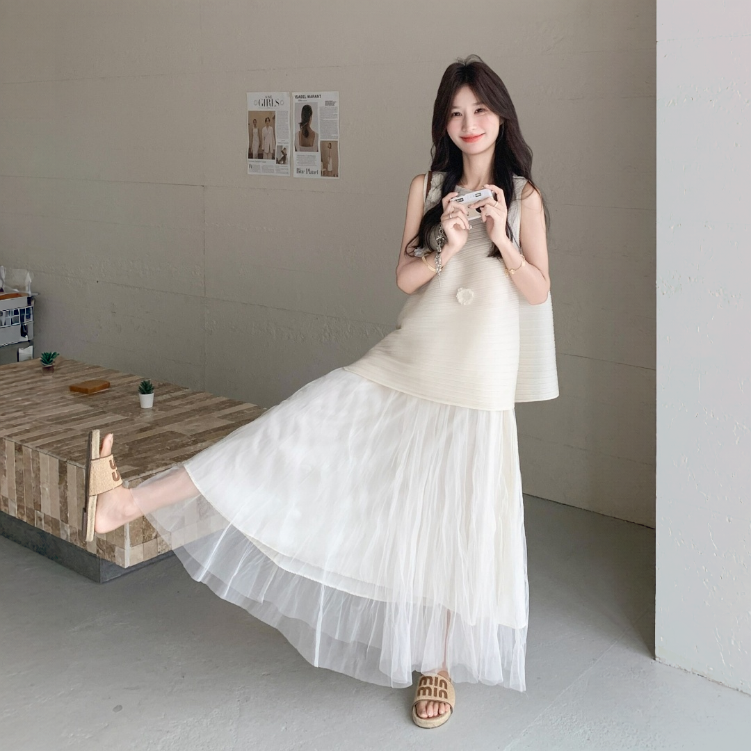 減齡感無袖上衣＋薄紗半身裙兩件套｜甜美氣質套裝【JZ系列】