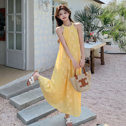 【ワンピース】夏 花柄 イエロー ハイネックキャミノースリーブワンピース 気質溢れる優しげロングドレス【SHシリーズ】