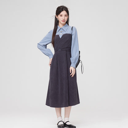 【ワンピース】秋新作 文芸風 フェミニン 個性派 ドッキング風 ウエストマーク 長袖ワンピース【JZシリーズ】