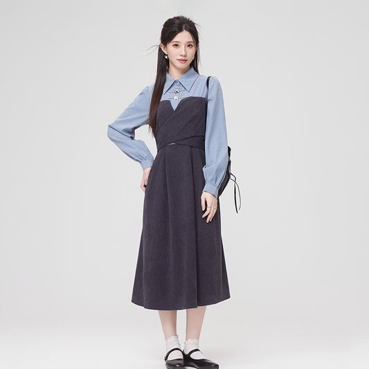 【ワンピース】秋新作 文芸風 フェミニン 個性派 ドッキング風 ウエストマーク 長袖ワンピース【JZシリーズ】