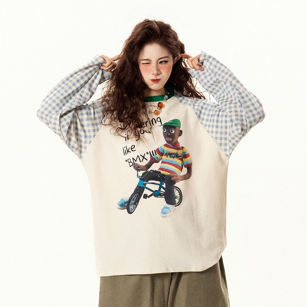 【トップス】レトロデザイン チェック切替 ラグラン長袖Tシャツ レディース ゆったり カジュアル【FCシリーズ】【15〜20日発送】