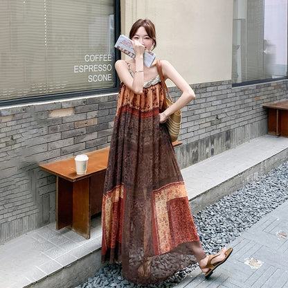 【ワンピース】フレンチ民族風 リゾート 色分けプリント ノースリーブキャミソールワンピース【SHシリーズ】