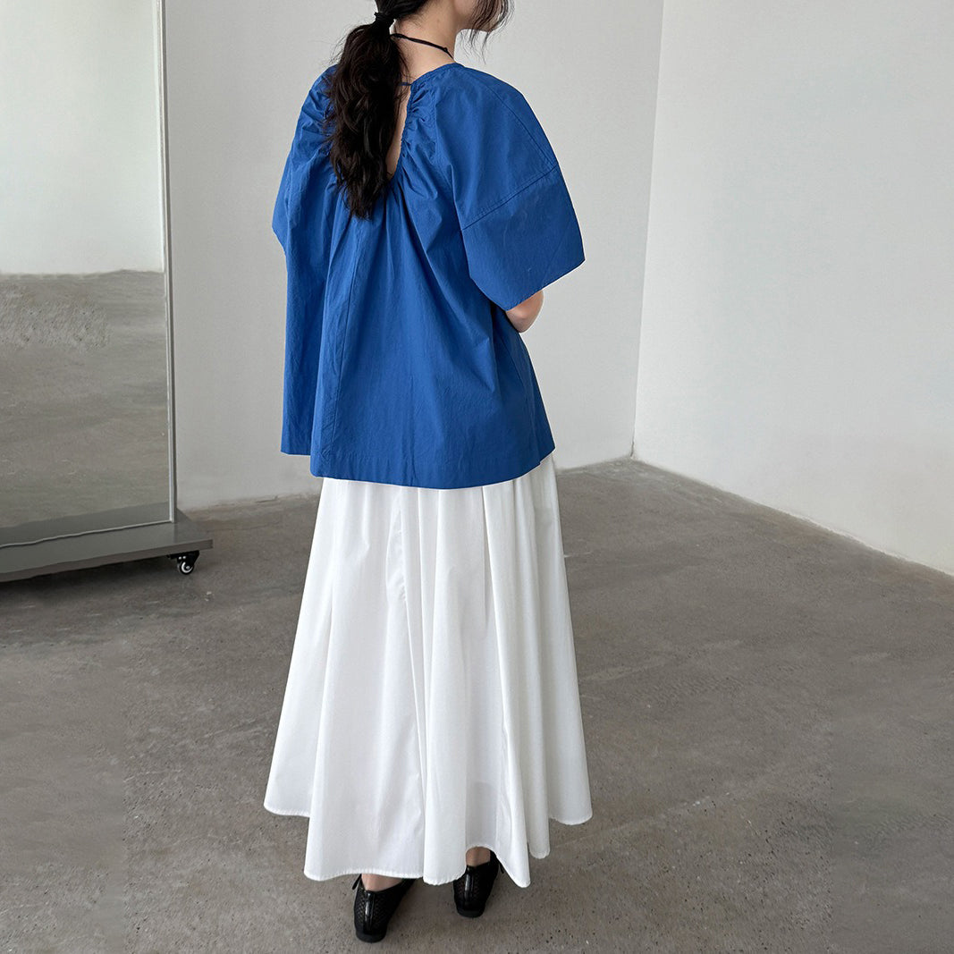 【トップス】韓国風 夏新作 ギャザー×バックオープン デザイン感ラウンドネック半袖ブラウス【SNシリーズ】