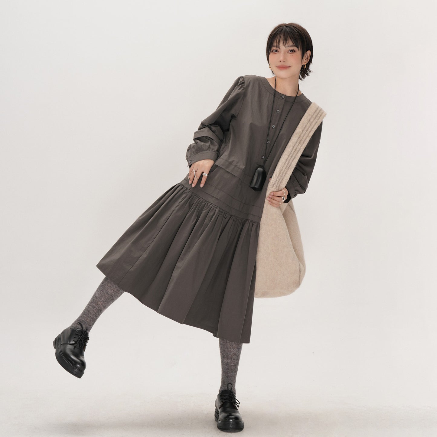 【ワンピース】レディース ゆったり 体型カバー 大きめサイズ ミディアムロング 長袖 シャツワンピース デザイン感 上品 秋【JZシリーズ】