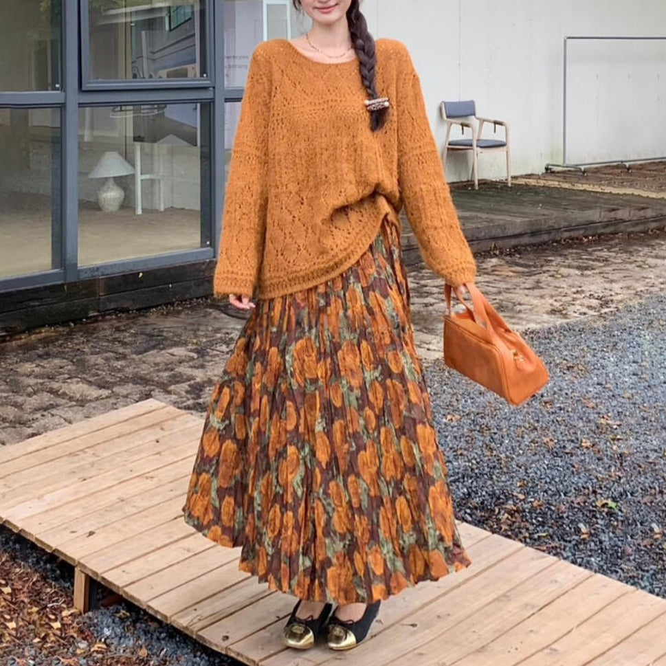 【ボトムス】レトロ風 プリーツスカート 秋新作 ハイウエスト 脚長効果 フレアAラインロングスカート【SHシリーズ】