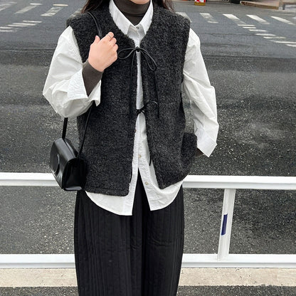 【トップス】春 秋 冬 コーデュロイ風レザー レースアップ ベスト  【JZシリーズ】