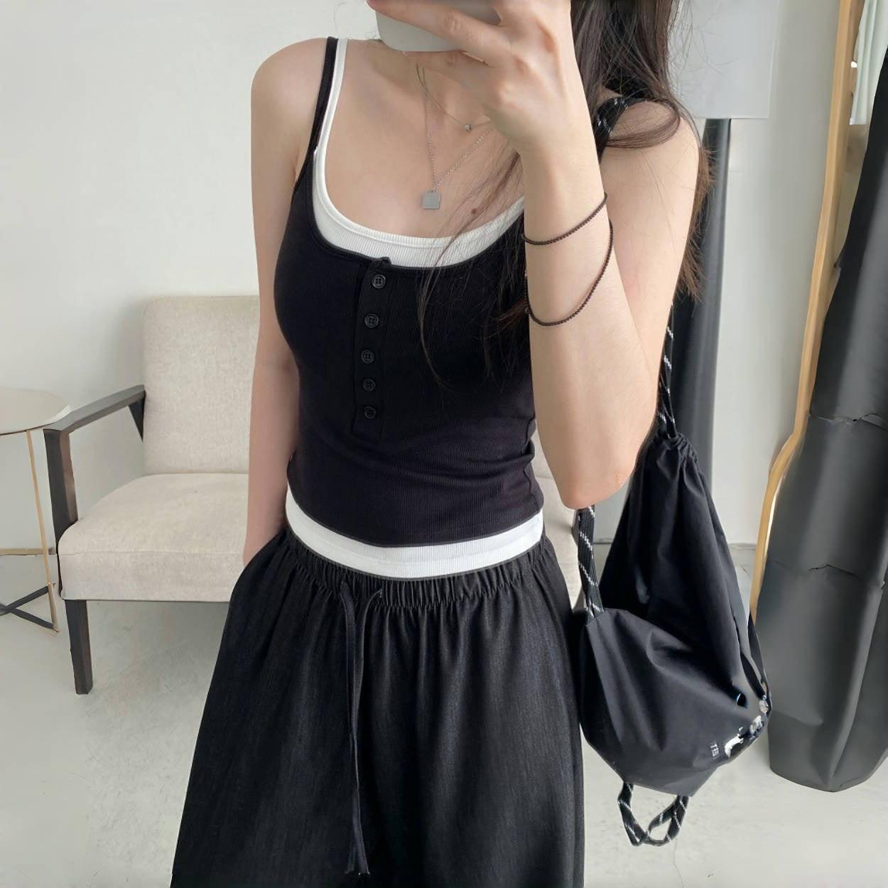 【トップス】夏 フェイクレイヤード パッド付き 着痩せ効果 タンクトップ 【FCシリーズ】