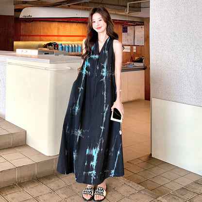 【ワンピース】夏新作 ブルータイダイ柄 ホルターネック ノースリーブワンピース エレガントリゾート風ロングドレス【SHシリーズ】
