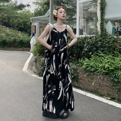 【ボトムス】夏新作 レトロ感漂う オーバーサイズ アートプリント キャミサロペット オールインワン【SHシリーズ】