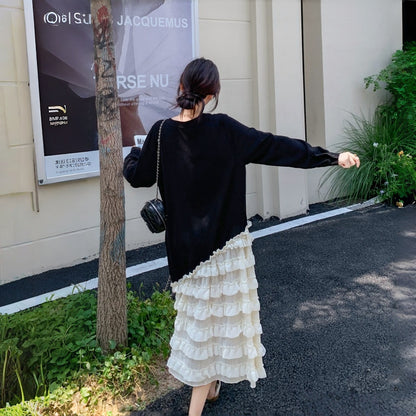 【ワンピース】アシンメトリー フリル レース 切り替えし カジュアル 長袖ワンピース【JZシリーズ】