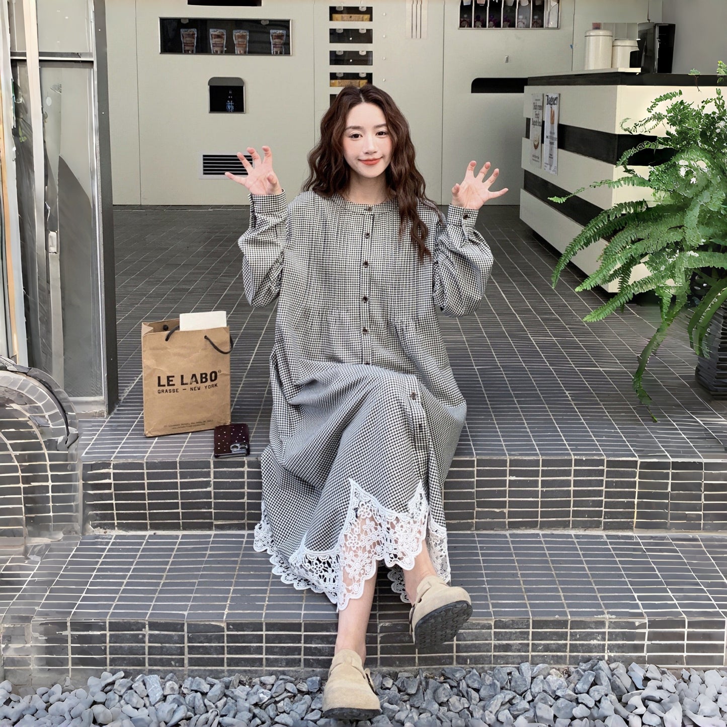 【ワンピース】 カジュアル ゆったり スウィート 若見え  レース チェック 長袖ワンピース【JZシリーズ】【SHシリーズ】