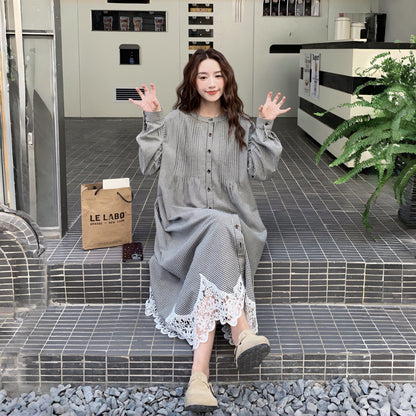 【ワンピース】 カジュアル ゆったり スウィート 若見え  レース チェック 長袖ワンピース【JZシリーズ】【SHシリーズ】