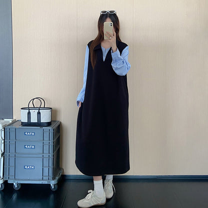 【ワンピース】韓国風Vネック配色切替レイヤード風ワンピース レディース 秋冬新作 ノースリーブ ロング丈 ゆったり きれいめ 通勤【JZシリーズ】