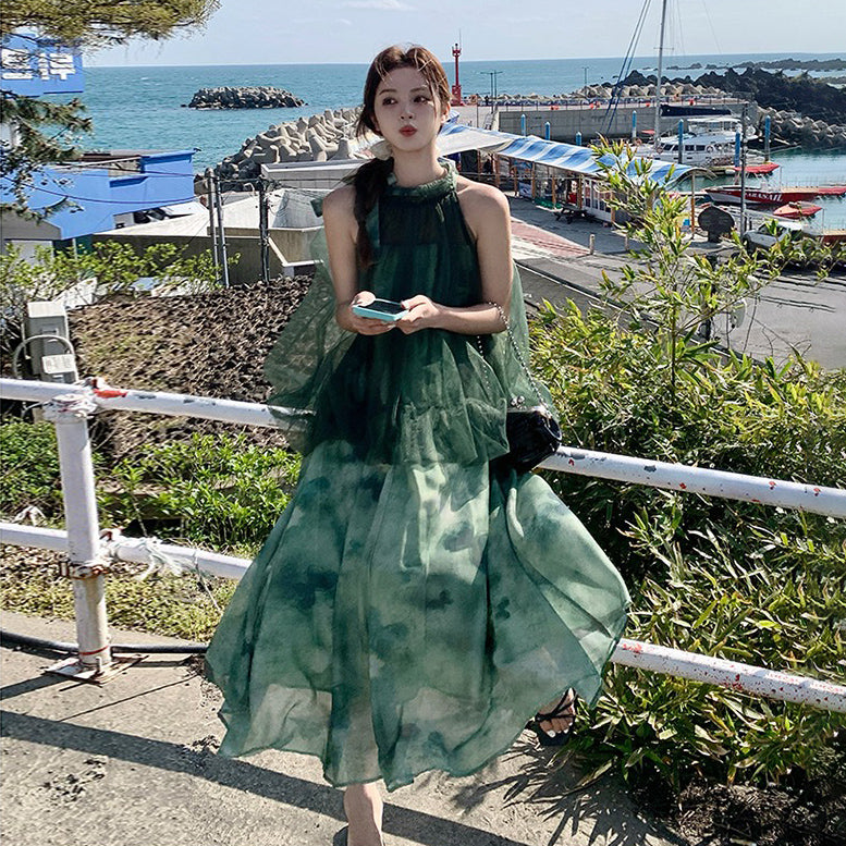 【ワンピース】夏新作  リラックス感漂うリゾートロングドレス 切り替え ノースリーブワンピース【SHシリーズ】