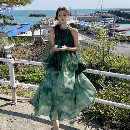 【ワンピース】夏新作  リラックス感漂うリゾートロングドレス 切り替え ノースリーブワンピース【SHシリーズ】