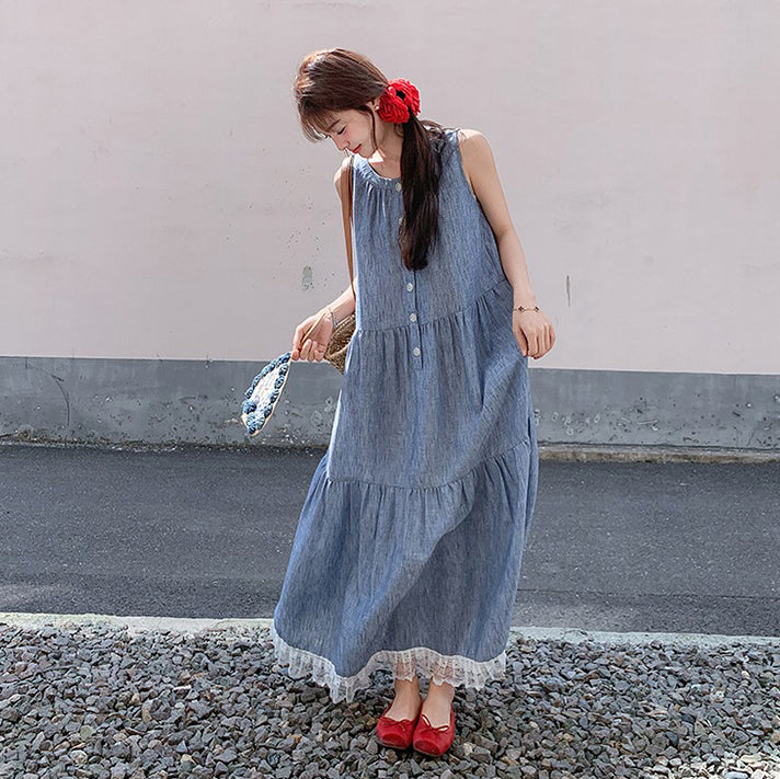 【ワンピース】ユニーク 優しげ 可愛い レース 切り替え ノースリーブ キャミソール ワンピース レディース 夏 フレンチ 気質 若見え マキシ丈【JZシリーズ】