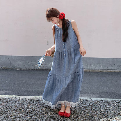 【ワンピース】ユニーク 優しげ 可愛い レース 切り替え ノースリーブ キャミソール ワンピース レディース 夏 フレンチ 気質 若見え マキシ丈【JZシリーズ】