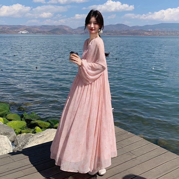 【ワンピース】フェミニン 長袖 花柄ワンピース レディース 春夏秋 シフォン バックオープン ロング丈【SHシリーズ】