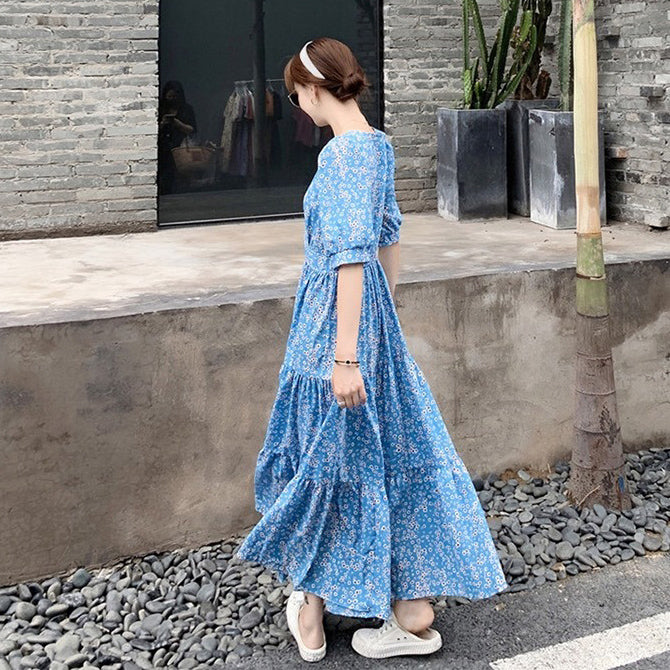 【ワンピース】【10～15日内発送】夏新作 フレンチ風 高級感 Vネック パフスリーブ フラワープリント 半袖ワンピース【SHシリーズ】