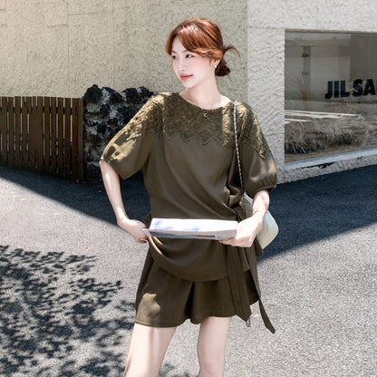 2点セット！【セットアップ】デザイン感 リボン レース 切り替え 夏 かわいい こなれ感 シャツ ショートパンツ 上下セット【JZシリーズ】