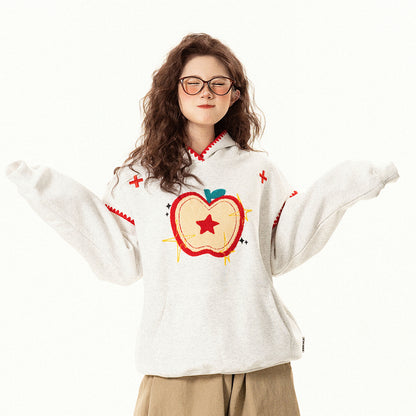 【トップス】ヴィンテージ調 りんごモチーフ刺繍 フードパーカー 秋 男女兼用 ゆったり カジュアル【FCシリーズ】