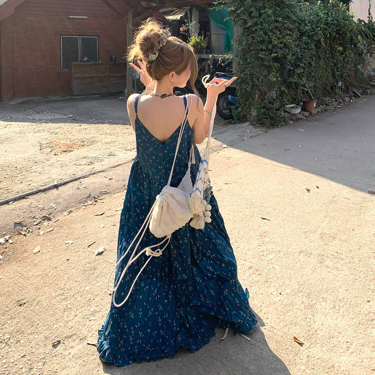 【ワンピース】大きいサイズ レディース フレンチ風 花柄 キャミワンピース 夏新作 プリーツ ゆったり 体型カバー 着痩せ ノースリーブ ロングワンピース【SHシリーズ】