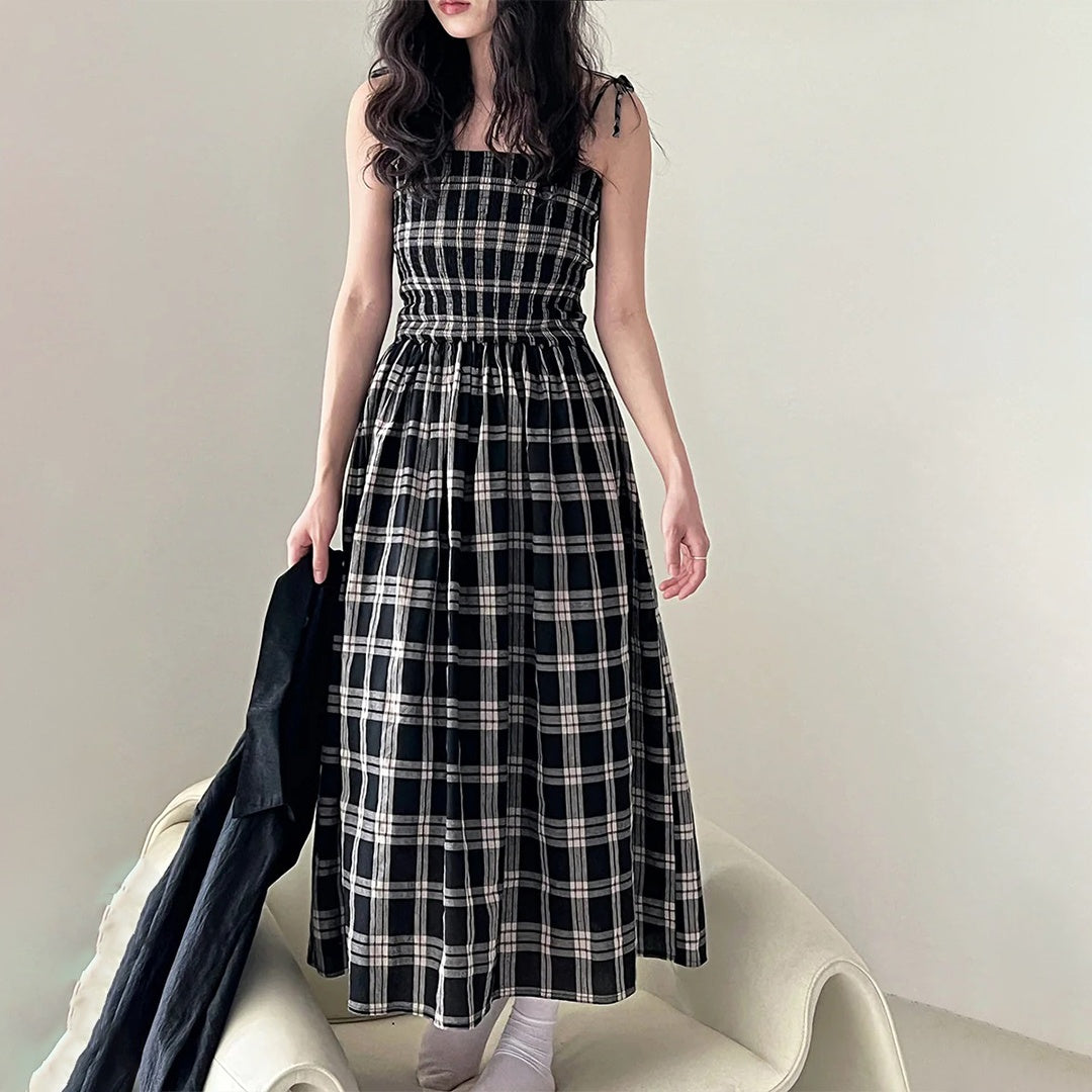 【ワンピース】夏 高級感 レトロ チェック柄 ストラップドレス【SNシリーズ】