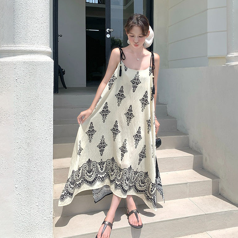 【ワンピース】フレンチリゾート風  夏新作 超映え民族風プリント  ノースリーブワンピース【SHシリーズ】