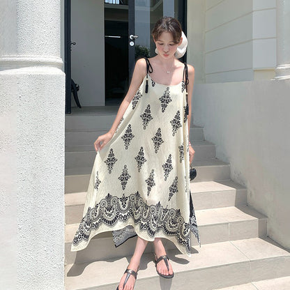 【ワンピース】フレンチリゾート風  夏新作 超映え民族風プリント  ノースリーブワンピース【SHシリーズ】