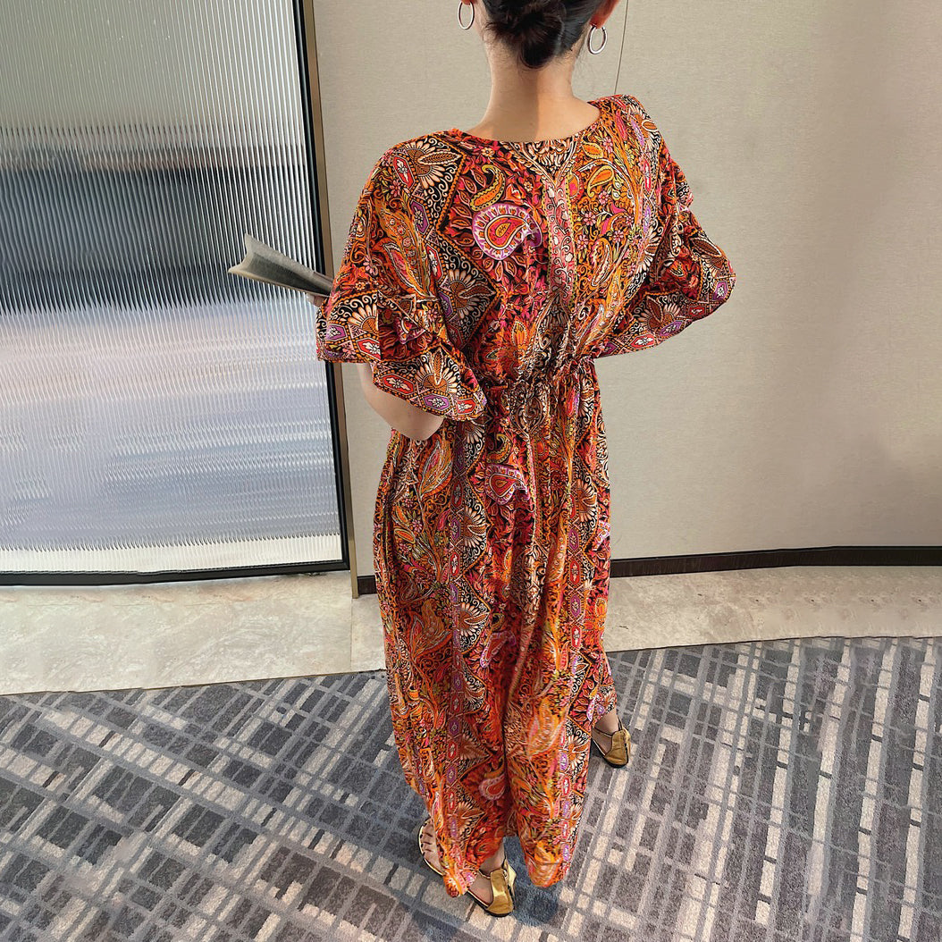 【ワンピース】ヴィンテージ風 レディース Vネック 半袖ワンピース 夏新作 ゆったり ミモレ丈 スリム見え フレンチスタイル【SHシリーズ】