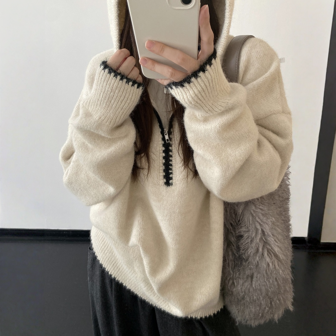 【トップス】ルーズ感 春 秋 冬 フード付き ニット セーター 【FCシリーズ】