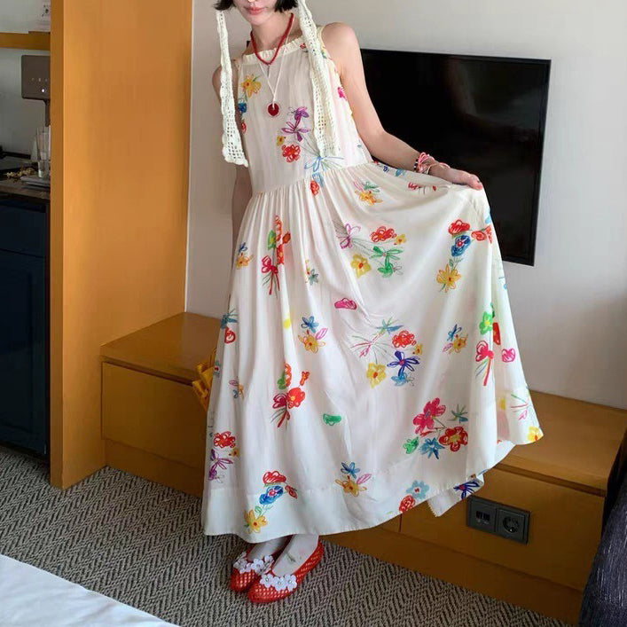 【ワンピース】カラーフラワー キャミワンピース レディース Vネック ウエストマーク フレアロング丈 リラックス感 夏ワンピース【SHシリーズ】