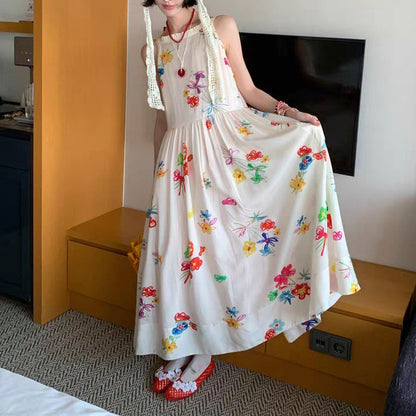 【ワンピース】カラーフラワー キャミワンピース レディース Vネック ウエストマーク フレアロング丈 リラックス感 夏ワンピース【SHシリーズ】