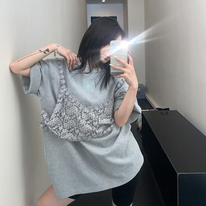 【トップス】夏新作 個性派デザイン 重ね着風 レース切り替え 綿100％ 半袖Tシャツ【FCシリーズ】