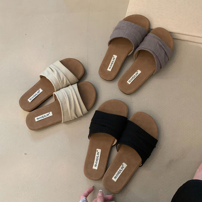 【シューズ】リゾート風 ビーチ リネン プリーツ フラットサンダル 外履き 夏用