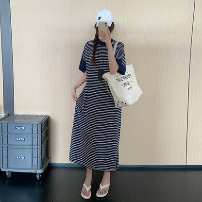 【ワンピース】ボーダーTシャツワンピース レディース 夏 半袖 ロング丈 ゆったりシルエット 体型カバー 着痩せ 大人カジュアル【JZシリーズ】