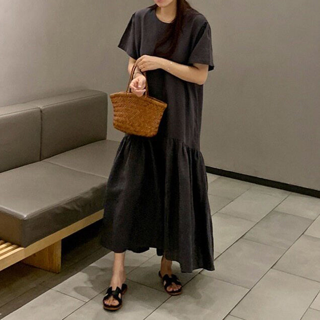 【ワンピース】着るだけで細見え✨韓国風 ワンピース 半袖 ロング丈 マーメイドライン 大きいサイズ ゆるカジュアル 夏新作【JZシリーズ】